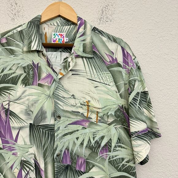 JAMS WORLD Shirt Sage Green Palm Leaves Button Up Hawaiian Tropical Beach - Picture 4 of 7